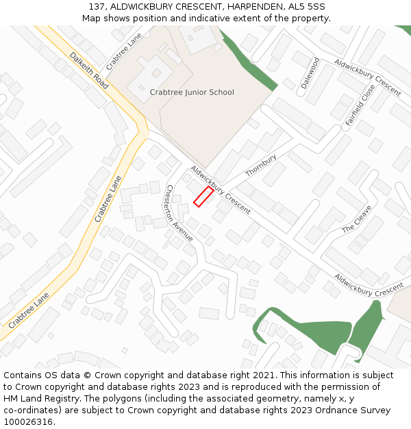 137, ALDWICKBURY CRESCENT, HARPENDEN, AL5 5SS: Location map and indicative extent of plot