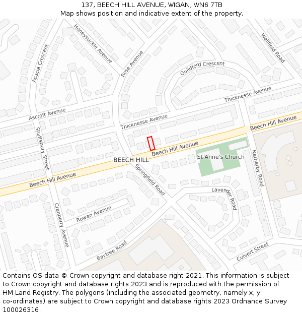 137, BEECH HILL AVENUE, WIGAN, WN6 7TB: Location map and indicative extent of plot