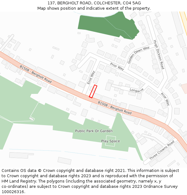 137, BERGHOLT ROAD, COLCHESTER, CO4 5AG: Location map and indicative extent of plot