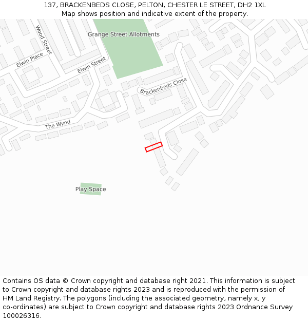 137, BRACKENBEDS CLOSE, PELTON, CHESTER LE STREET, DH2 1XL: Location map and indicative extent of plot