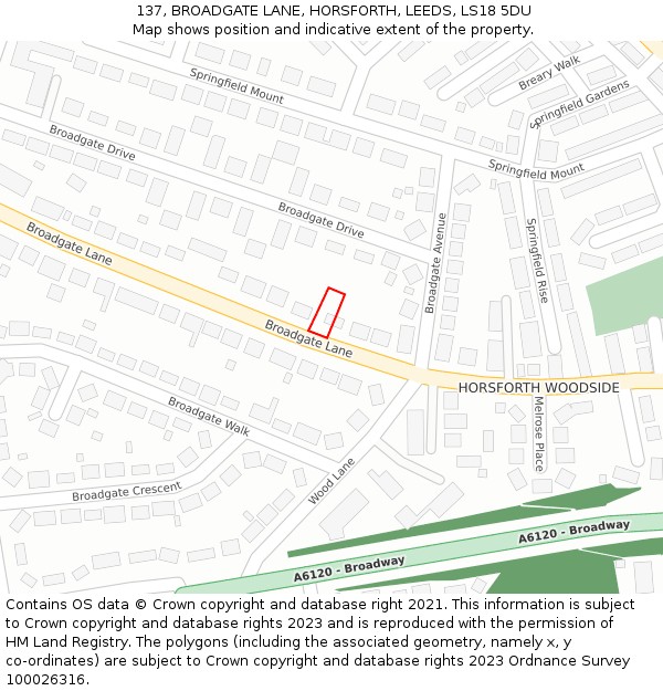 137, BROADGATE LANE, HORSFORTH, LEEDS, LS18 5DU: Location map and indicative extent of plot