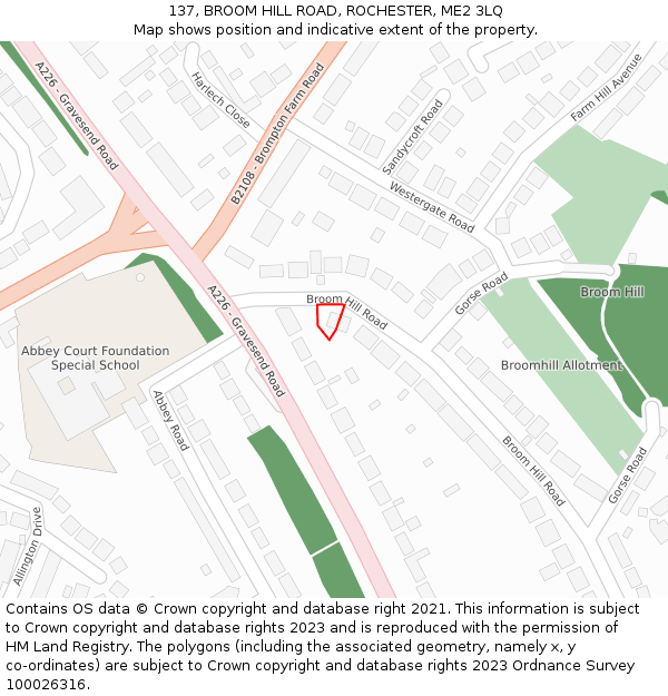 137, BROOM HILL ROAD, ROCHESTER, ME2 3LQ: Location map and indicative extent of plot