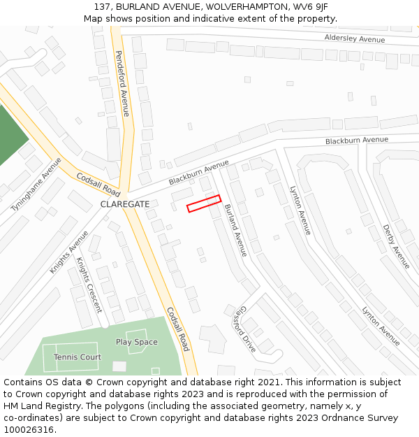 137, BURLAND AVENUE, WOLVERHAMPTON, WV6 9JF: Location map and indicative extent of plot