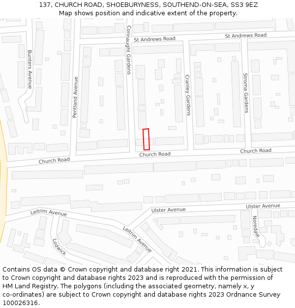 137, CHURCH ROAD, SHOEBURYNESS, SOUTHEND-ON-SEA, SS3 9EZ: Location map and indicative extent of plot