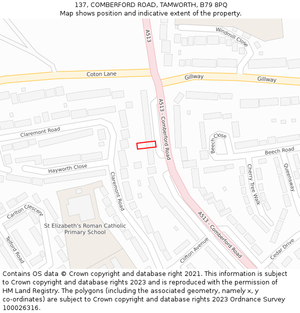 137, COMBERFORD ROAD, TAMWORTH, B79 8PQ: Location map and indicative extent of plot