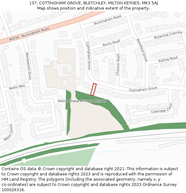 137, COTTINGHAM GROVE, BLETCHLEY, MILTON KEYNES, MK3 5AJ: Location map and indicative extent of plot