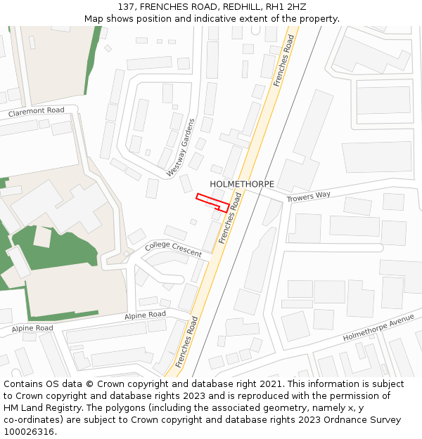 137, FRENCHES ROAD, REDHILL, RH1 2HZ: Location map and indicative extent of plot