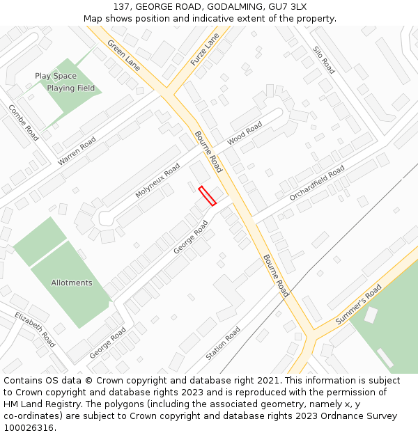 137, GEORGE ROAD, GODALMING, GU7 3LX: Location map and indicative extent of plot