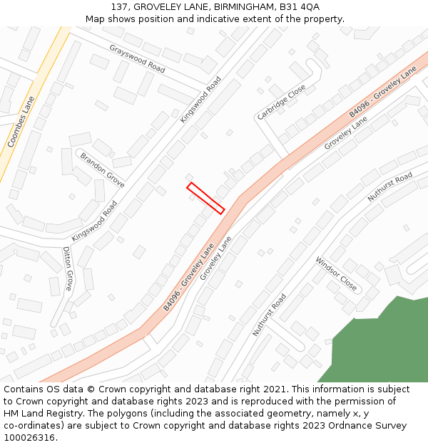 137, GROVELEY LANE, BIRMINGHAM, B31 4QA: Location map and indicative extent of plot