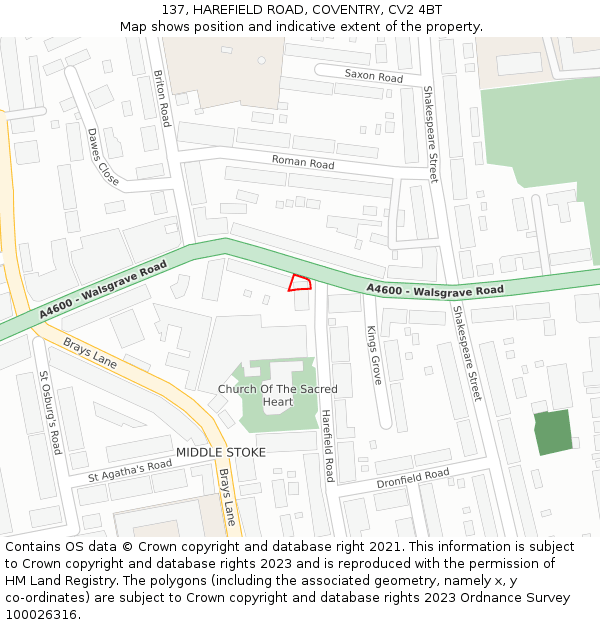 137, HAREFIELD ROAD, COVENTRY, CV2 4BT: Location map and indicative extent of plot