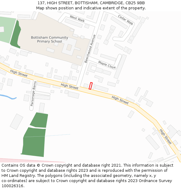 137, HIGH STREET, BOTTISHAM, CAMBRIDGE, CB25 9BB: Location map and indicative extent of plot