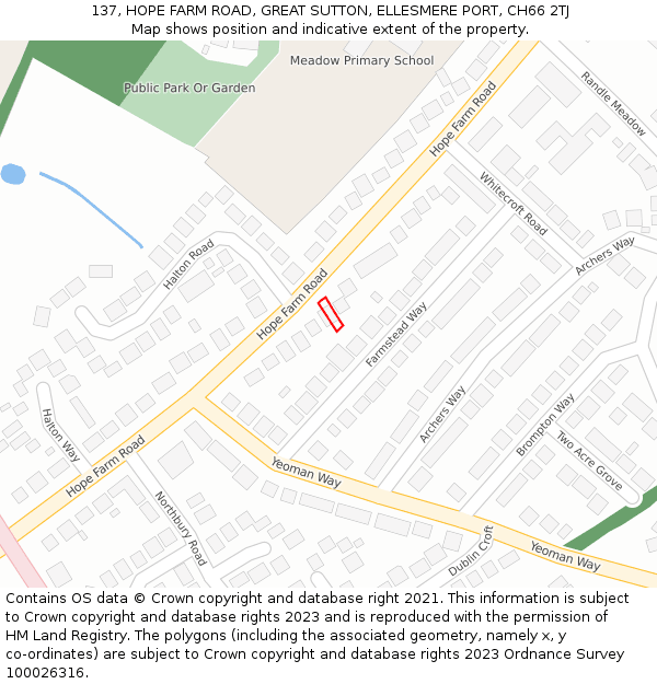 137, HOPE FARM ROAD, GREAT SUTTON, ELLESMERE PORT, CH66 2TJ: Location map and indicative extent of plot