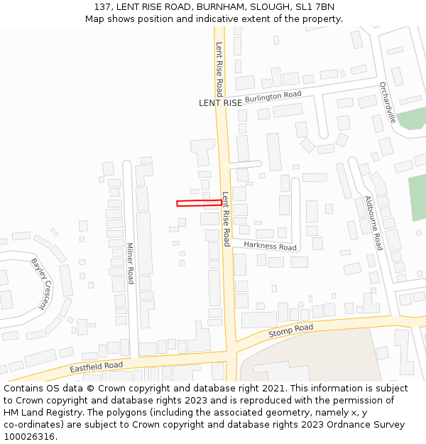 137, LENT RISE ROAD, BURNHAM, SLOUGH, SL1 7BN: Location map and indicative extent of plot