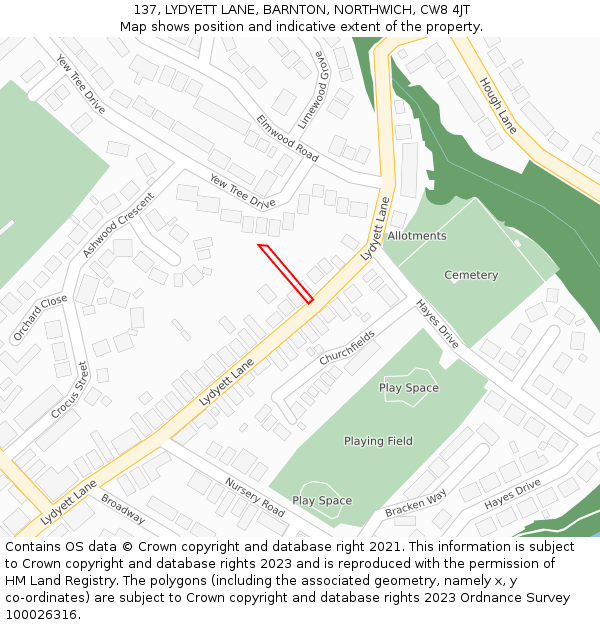 137, LYDYETT LANE, BARNTON, NORTHWICH, CW8 4JT: Location map and indicative extent of plot