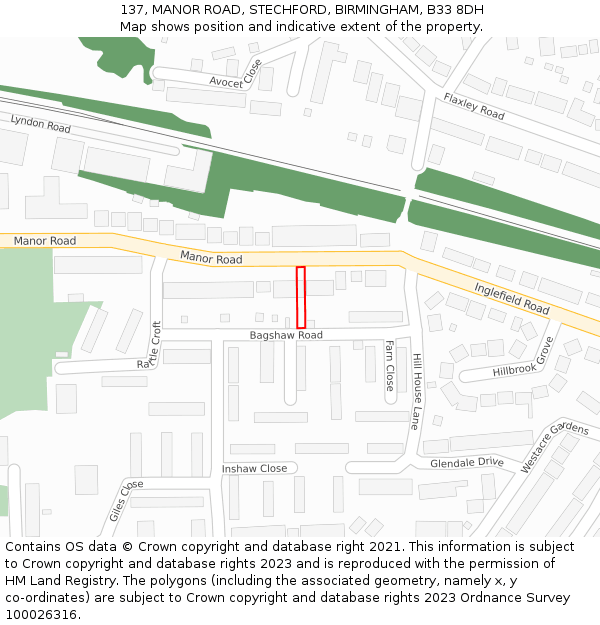 137, MANOR ROAD, STECHFORD, BIRMINGHAM, B33 8DH: Location map and indicative extent of plot