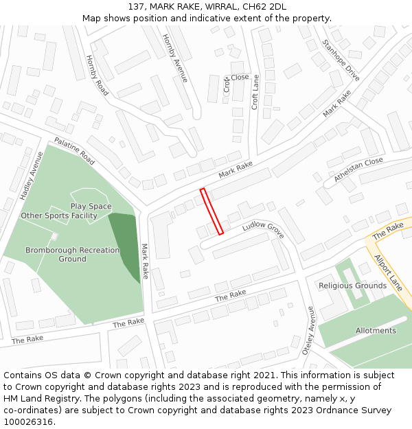 137, MARK RAKE, WIRRAL, CH62 2DL: Location map and indicative extent of plot