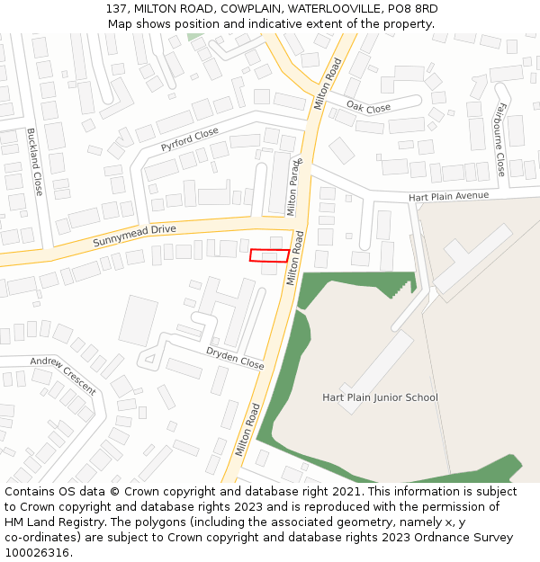 137, MILTON ROAD, COWPLAIN, WATERLOOVILLE, PO8 8RD: Location map and indicative extent of plot