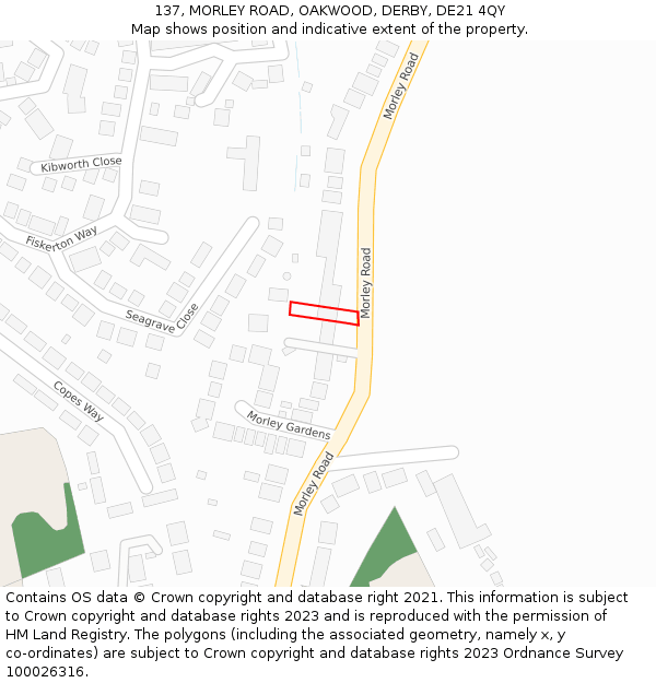 137, MORLEY ROAD, OAKWOOD, DERBY, DE21 4QY: Location map and indicative extent of plot