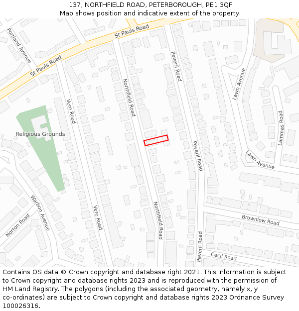 137, NORTHFIELD ROAD, PETERBOROUGH, PE1 3QF: Location map and indicative extent of plot