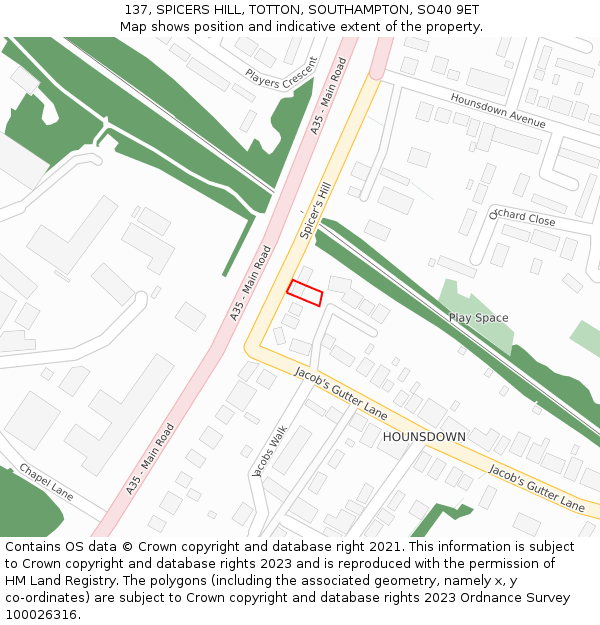 137, SPICERS HILL, TOTTON, SOUTHAMPTON, SO40 9ET: Location map and indicative extent of plot