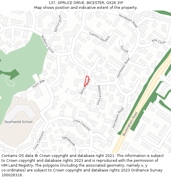 137, SPRUCE DRIVE, BICESTER, OX26 3YF: Location map and indicative extent of plot