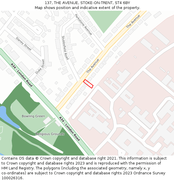 137, THE AVENUE, STOKE-ON-TRENT, ST4 6BY: Location map and indicative extent of plot