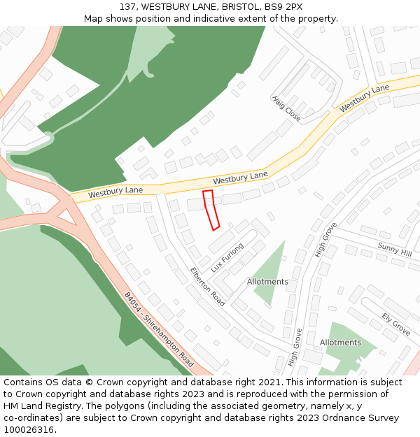 137, WESTBURY LANE, BRISTOL, BS9 2PX: Location map and indicative extent of plot