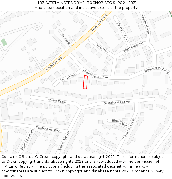 137, WESTMINSTER DRIVE, BOGNOR REGIS, PO21 3RZ: Location map and indicative extent of plot