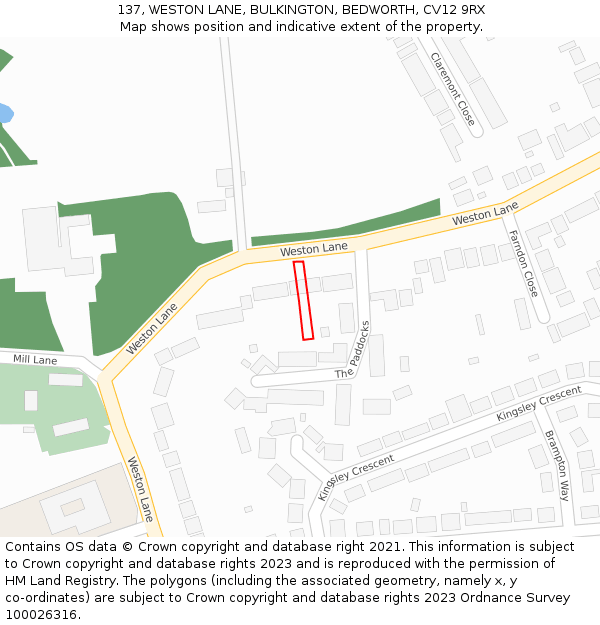 137, WESTON LANE, BULKINGTON, BEDWORTH, CV12 9RX: Location map and indicative extent of plot