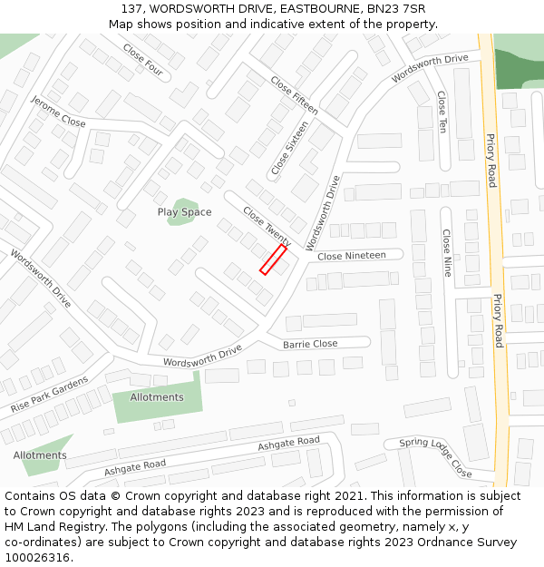 137, WORDSWORTH DRIVE, EASTBOURNE, BN23 7SR: Location map and indicative extent of plot