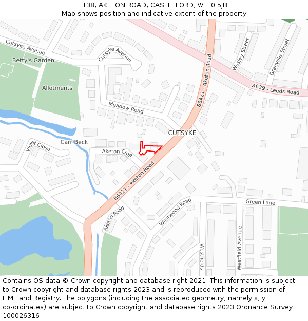 138, AKETON ROAD, CASTLEFORD, WF10 5JB: Location map and indicative extent of plot