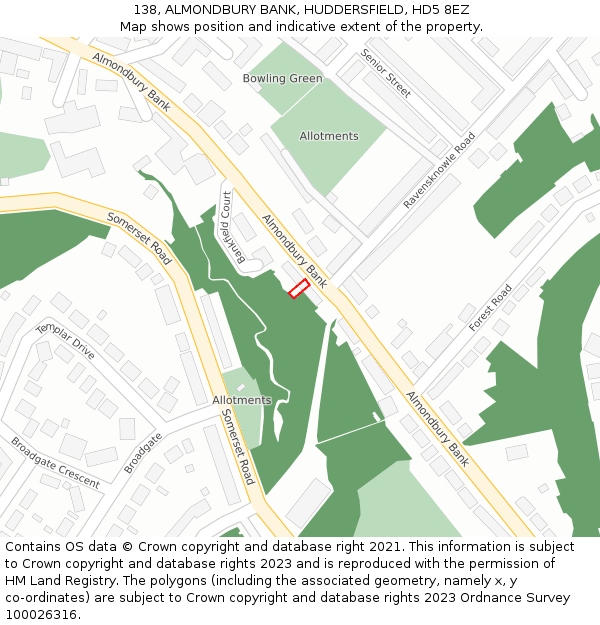 138, ALMONDBURY BANK, HUDDERSFIELD, HD5 8EZ: Location map and indicative extent of plot