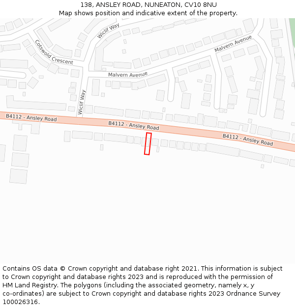 138, ANSLEY ROAD, NUNEATON, CV10 8NU: Location map and indicative extent of plot