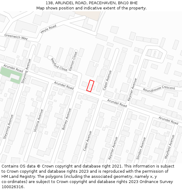 138, ARUNDEL ROAD, PEACEHAVEN, BN10 8HE: Location map and indicative extent of plot