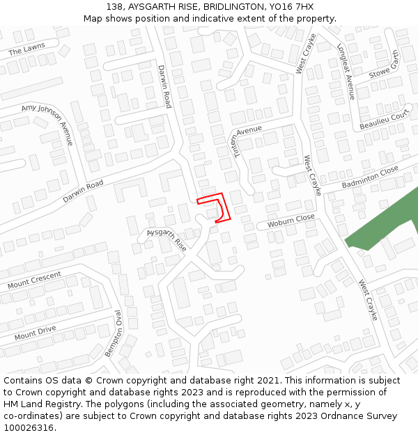138, AYSGARTH RISE, BRIDLINGTON, YO16 7HX: Location map and indicative extent of plot