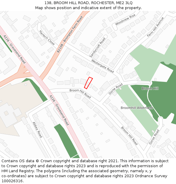 138, BROOM HILL ROAD, ROCHESTER, ME2 3LQ: Location map and indicative extent of plot