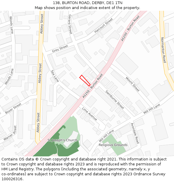 138, BURTON ROAD, DERBY, DE1 1TN: Location map and indicative extent of plot