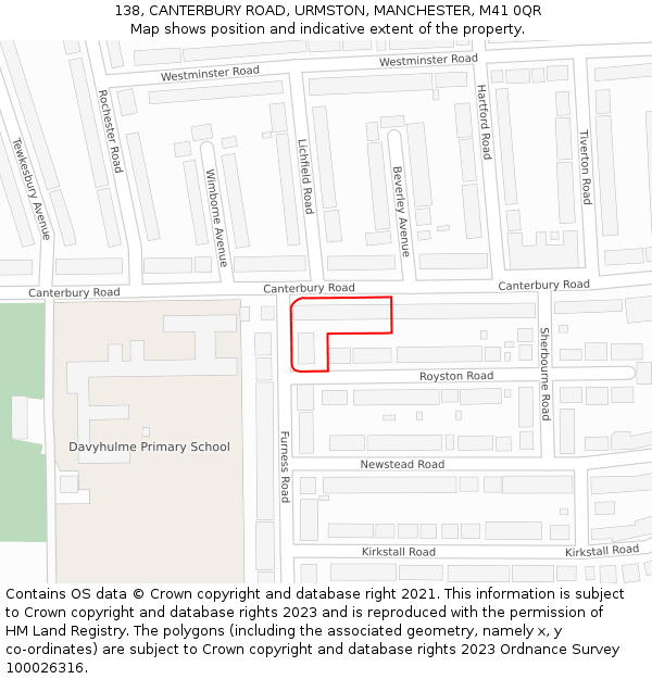 138, CANTERBURY ROAD, URMSTON, MANCHESTER, M41 0QR: Location map and indicative extent of plot