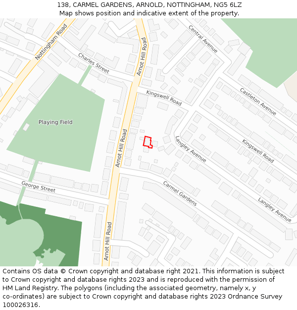 138, CARMEL GARDENS, ARNOLD, NOTTINGHAM, NG5 6LZ: Location map and indicative extent of plot