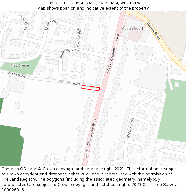 138, CHELTENHAM ROAD, EVESHAM, WR11 2LW: Location map and indicative extent of plot