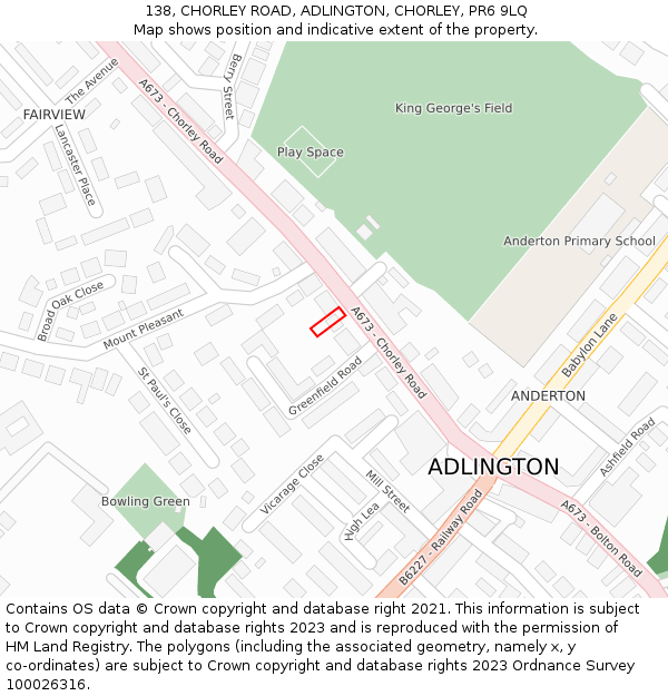 138, CHORLEY ROAD, ADLINGTON, CHORLEY, PR6 9LQ: Location map and indicative extent of plot