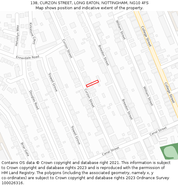 138, CURZON STREET, LONG EATON, NOTTINGHAM, NG10 4FS: Location map and indicative extent of plot