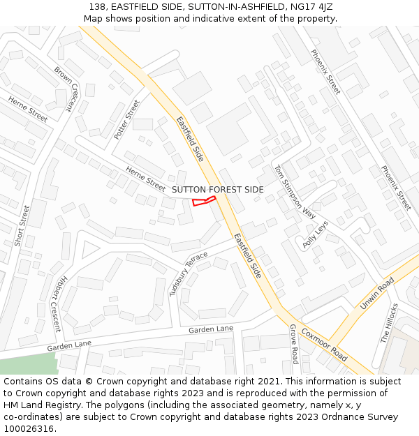 138, EASTFIELD SIDE, SUTTON-IN-ASHFIELD, NG17 4JZ: Location map and indicative extent of plot