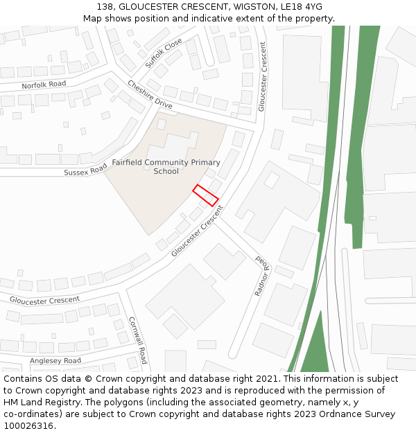 138, GLOUCESTER CRESCENT, WIGSTON, LE18 4YG: Location map and indicative extent of plot