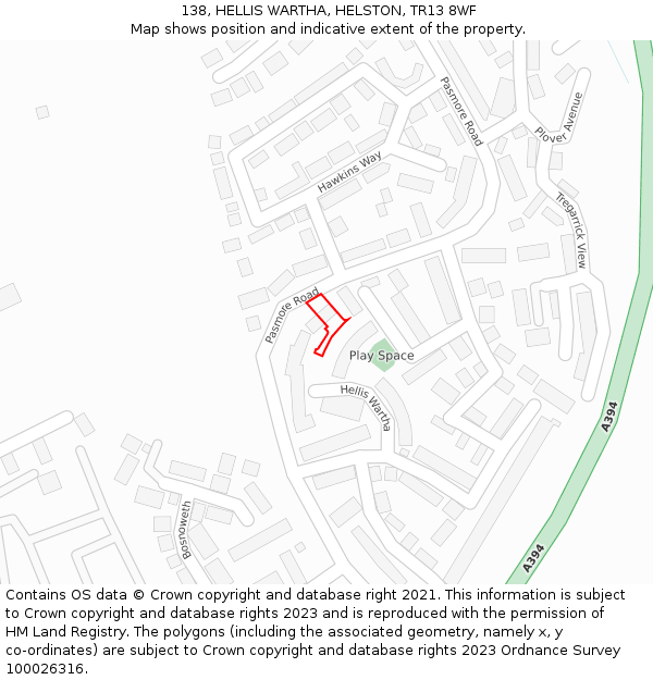 138, HELLIS WARTHA, HELSTON, TR13 8WF: Location map and indicative extent of plot