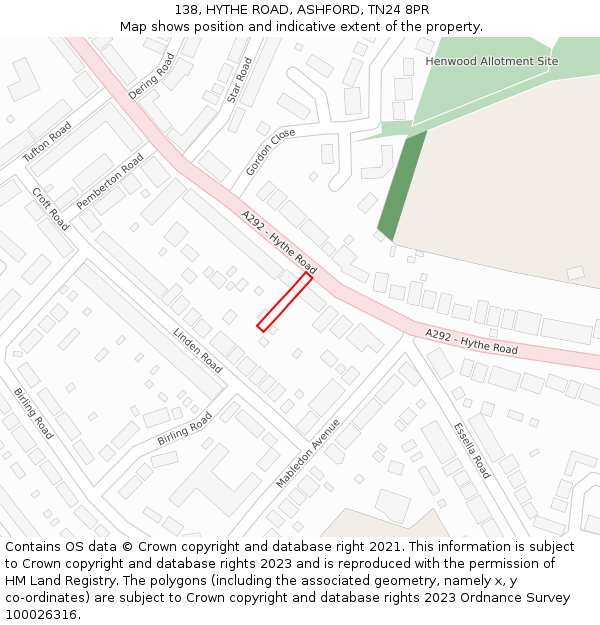 138, HYTHE ROAD, ASHFORD, TN24 8PR: Location map and indicative extent of plot