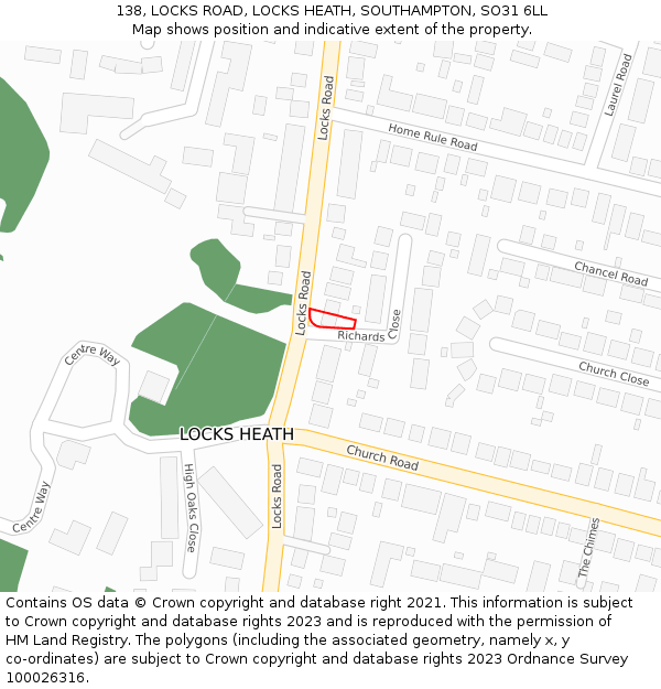 138, LOCKS ROAD, LOCKS HEATH, SOUTHAMPTON, SO31 6LL: Location map and indicative extent of plot