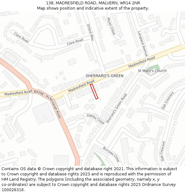 138, MADRESFIELD ROAD, MALVERN, WR14 2NR: Location map and indicative extent of plot