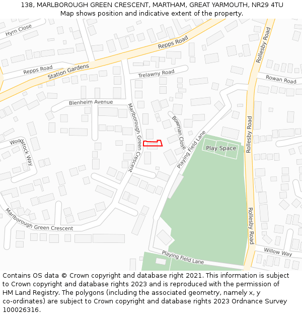 138, MARLBOROUGH GREEN CRESCENT, MARTHAM, GREAT YARMOUTH, NR29 4TU: Location map and indicative extent of plot