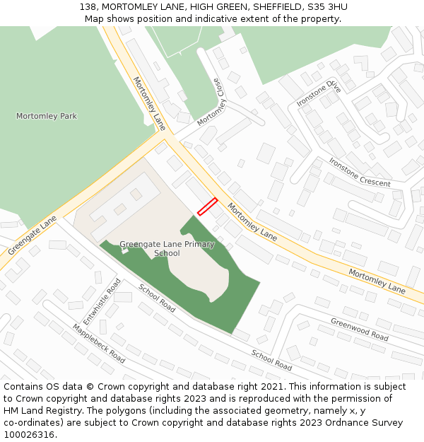 138, MORTOMLEY LANE, HIGH GREEN, SHEFFIELD, S35 3HU: Location map and indicative extent of plot